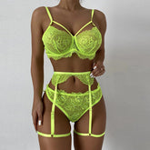 Conjunto de lencería de encaje transparente con liguero